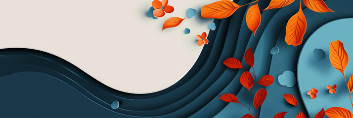 Wall Mural - Autumn modern trendy template. Orange, blue colors. Clear minimalistic design. Place for text graphics concept design. poster invitation flyer banner email header. Horizontal. Generative Ai content