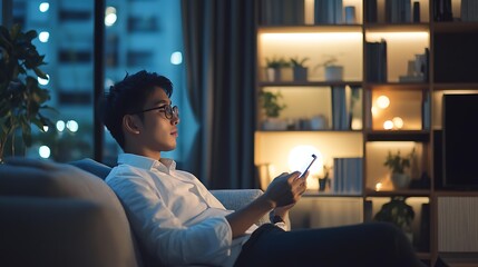 A young Asian professional sitting in a modern living room, adjusting the lighting with a personal device while enjoying some quiet time