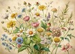 © Adisorn - Vintage Botanical Sketch: Still life with wildflowers drawn with delicate lines and muted colors, reminiscent of old-fashioned botanical illustrations.