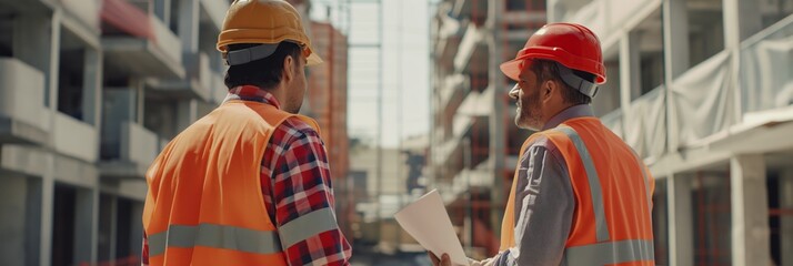 two construction workers in orange vests and helmets discuss plans on a building site, emphasizing c