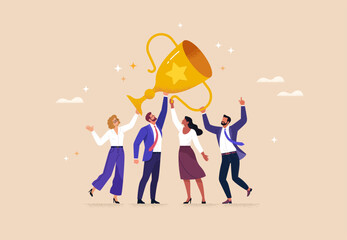 Business Team Success. Vector illustration in flat style of a diverse group of people in business suits in full growth with a large golden cup in their raised up hands. Isolated on background.