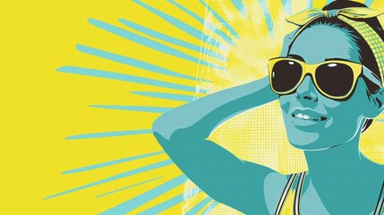 Wall Mural - Pop art style woman in sunglasses 2D illustration. Stylized design and retro colors. Female vintage summertime flat cartoon image scene. 80s nostalgia and summer fun wallpaper art