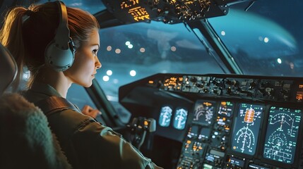 Female Pilot Preparing Cockpit for Takeoff in Advanced Aircraft