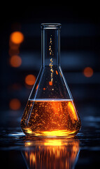 scientific beaker with glowing amber liquid, standing against a dark background, reflecting light in