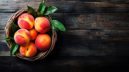 Wall Mural - Fresh peaches fruits with leaves in basket on dark wooden rustic background 