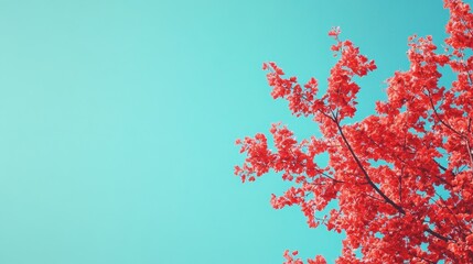 A vibrant red tree branch contrasts beautifully against a bright turquoise sky, creating a striking visual effect.