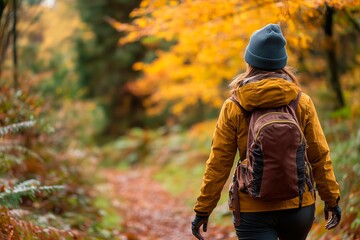 Hiker walking along a forest trail surrounded by colorful autumn foliage in a serene landscape, copy space for text, hiking trip, hiking sport