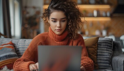 Wall Mural - Woman relaxes on sofa, laptop in hand.