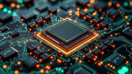 Circuit board microchips with green backlight. Nanotechnology sustainable background.