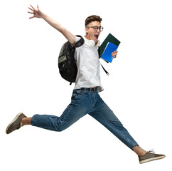 Let's go study. Young man, student with books jumping high of joy and happiness against transparent background. Concept of back to school, education, student lifestyle.