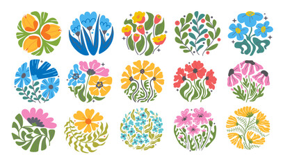 Wall Mural - set of multicolored abstract floral botanical circle in trendy naive retro hippie 60s 70s style. gro