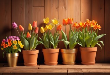 Poster - Spring flowers in pots on wooden background. Tulips, primulas, daffodils