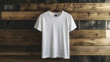 white t-shirt hanging on a wooden wall