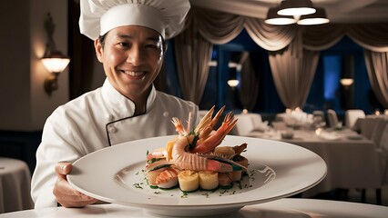 A friendly chef in a traditional white uniform and hat, presenting a beautifully plated dish of seafood in front of an elegant restaurant backdrop, ai generated, ai