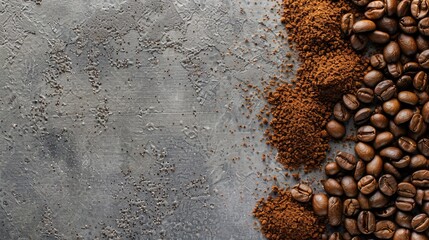 Canvas Print - Coffee beans and ground coffee placed on gray surface with empty space Above view