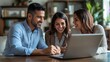 © Image Alchemy - Happy Hispanic Real Estate Agent Shows House to Young Latinx Couple on Laptop, Generative AI