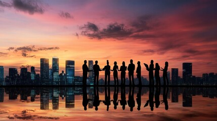 A group of people are standing on a city skyline at sunset