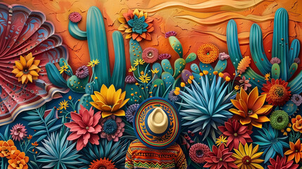 Hispanic Heritage month background. Back view of a man wearing a sombrero hat is watching a wall art of cactus and desert in high relief art style.