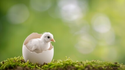 a fluffy, white chick hatching from an egg on a grassy surface, symbolizing new beginnings, nature, 