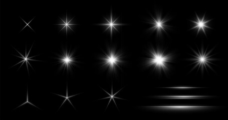 White Glow lighting Star. Collection of different light effects on black background. Set of Transparent Sparkling stars. Realistic vector illustration