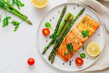 Top view of baked salmon with asparagus and tomatoes arranged on a white plate