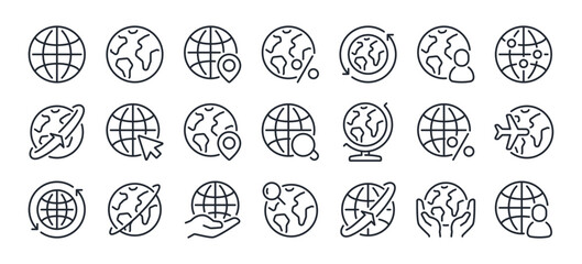 globe and planet related editable stroke outline icons set isolated on white background flat vector 