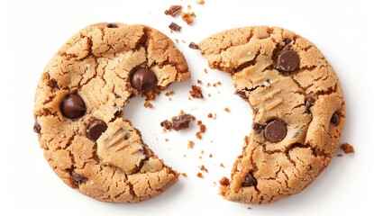 Two chocolate chip cookies broken in half with crumbs on a white background