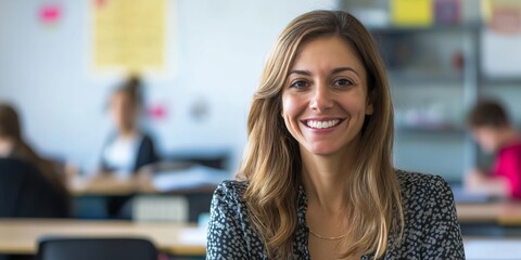 Wall Mural - A woman is smiling in front of a white board with a sign that says 