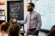 © siripimon2525 - A teacher standing at the front of the class, using an interactive whiteboard to explain a complex science concept, students taking notes