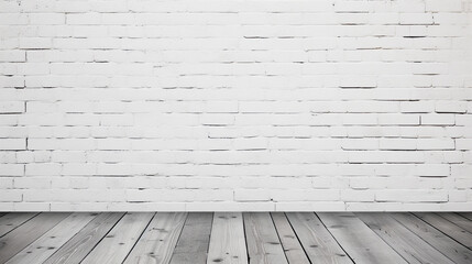 A white brick wall with a gray wooden floor, set against a white background.background, backdrop.