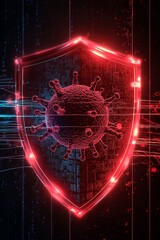 Wall Mural - A shield with a virus icon being scanned by a laser grid, symbolizing deep antivirus scanning. 