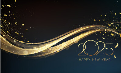 Fototapete - 2025 Happy New Year Abstract shiny Gold glitter wave with Foil Confetti design element