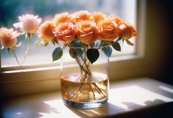 Poster - Colorful still life with roses in glass vase with bokeh background