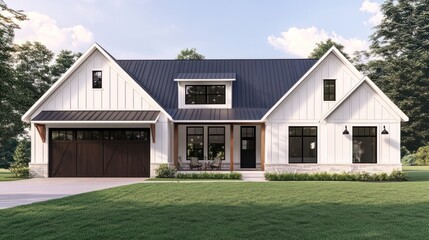 Poster - Modern farmhouse with a dark brown garage door and a front porch.