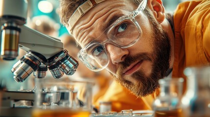 Poster - Scientist examining sample under microscope.