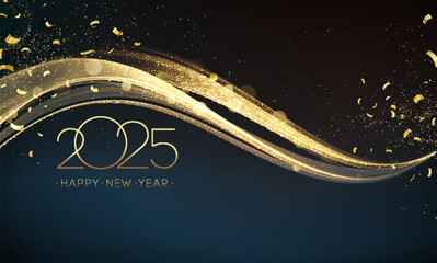 Leinwandbilder - 2025 Happy New Year Abstract shiny Gold glitter wave with Foil Confetti design element