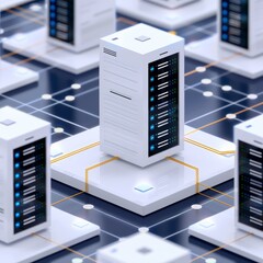 Futuristic data center with multiple servers interconnected on a digital grid. Ideal for technology and computing themes.