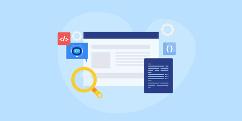 AI code assistant for web development, collect data and answering programming related suggestion and solution for software engineers, conceptual vector illustration.