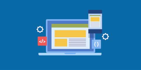 Responsive website design and coding, web development and software application. Conceptual vector illustration.