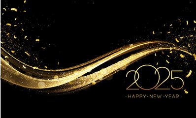 Fototapete - 2025 Happy New Year Abstract shiny Gold glitter wave with Foil Confetti design element