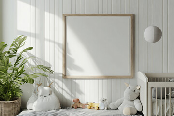 Wall Mural - Blank Canvas Mockup in Minimalist Nursery Interior.