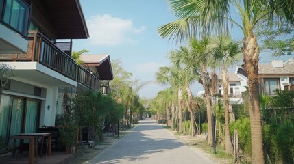 Wall Mural - A paved walkway lined with tropical palm trees leads past white buildings with wooden balconies and lush greenery.