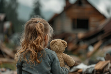 Canvas Print - Sad crying victim child person in ruined building destruction war conflict civil crime war zone, Generative AI