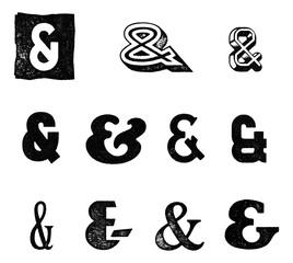 Ampersand character set in various styles with distressed eroded texture isolated on transparent background