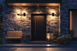 © SunPunjiStudio - Modern house entrance with stone wall and wooden bench at night.