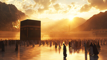 Wall Mural - Muslim pilgrims at the Kaaba in Mecca during sunset.