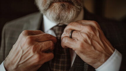 Wall Mural - Senior Groom Adjusting Tie Before Wedding