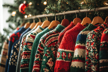 Sticker - Christmas Sweaters Hanging on a Rack.