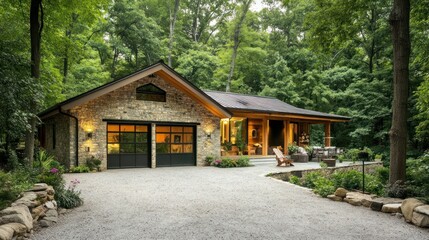 Poster - Modern Stone Cabin with a Gravel Driveway.