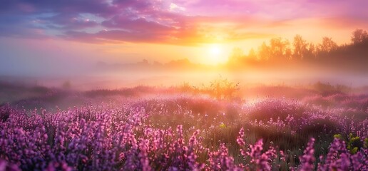 Sticker - Heather flowers field with sunset in the background